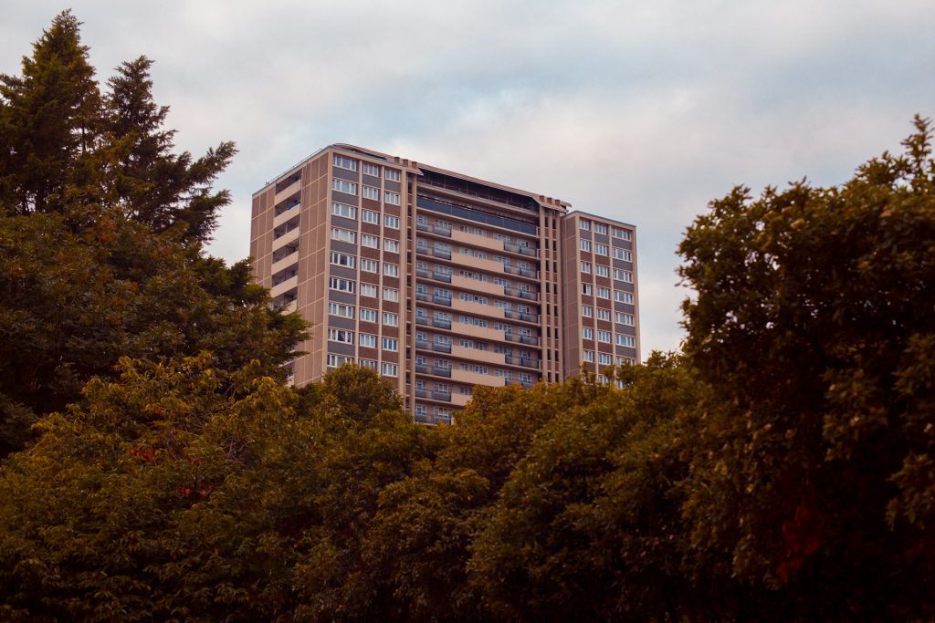 High-rise social housing block in Sheffield receiving fire door remediation and safety upgrades by Blue Chip PFP.